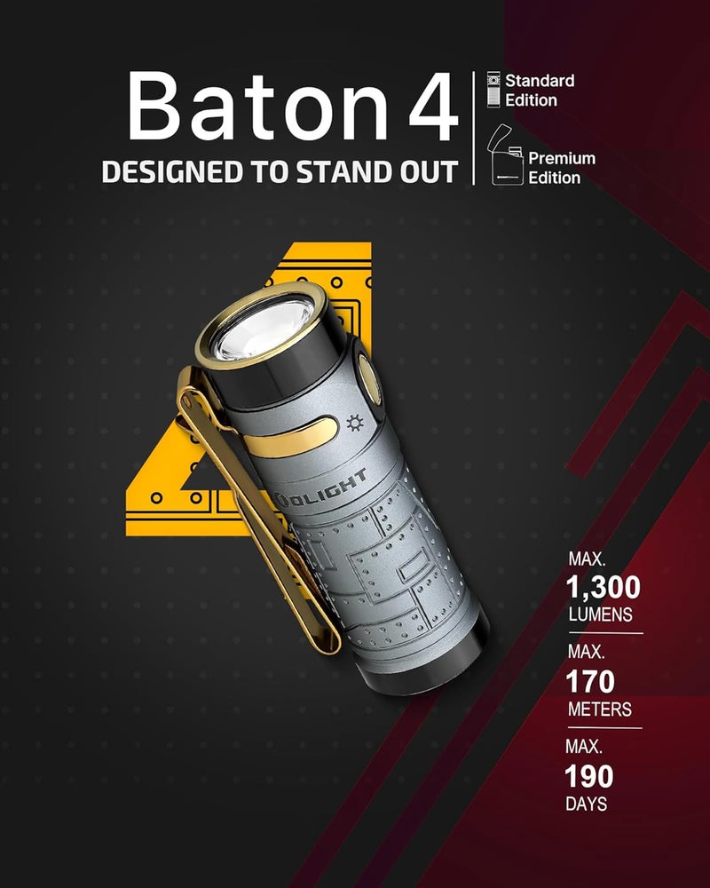 OLIGHT Baton4 Rechargeable EDC Flashlight, LED Pocket Light 1300 Lumens with Magnetic Charging Cable, 6 Modes, IPX8 Waterproof for Home, Camping and Emergency (Fighter Pilot) - Image 2